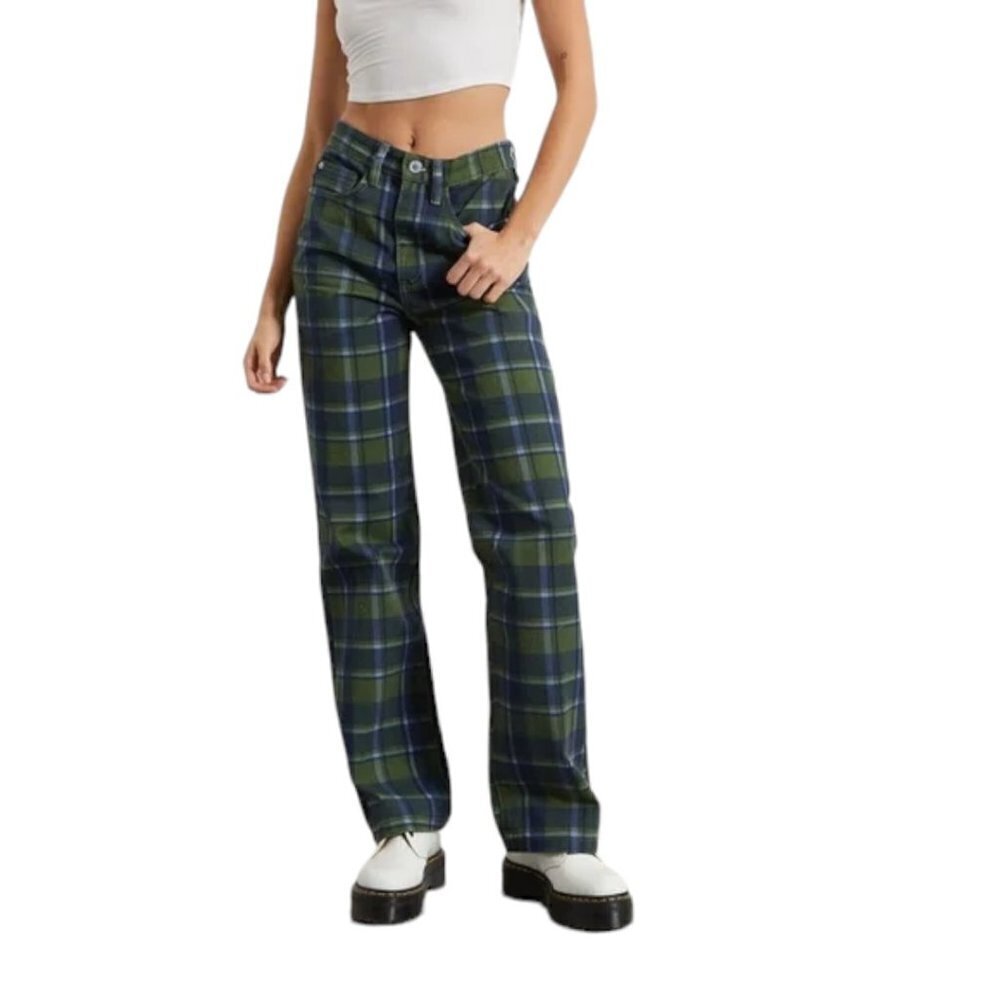 WeWoreWhat High Rise Dad Jean Green Blue Plaid